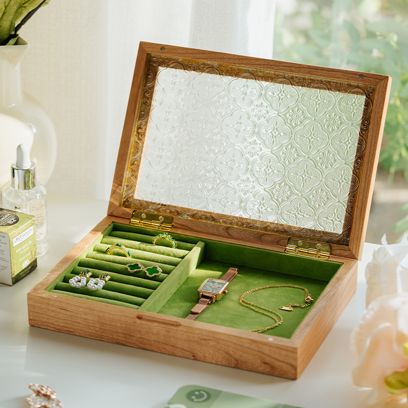 ジュエリーボックス 装飾ガラス蓋付き仕切り収納 木製 木製|ジュエリー