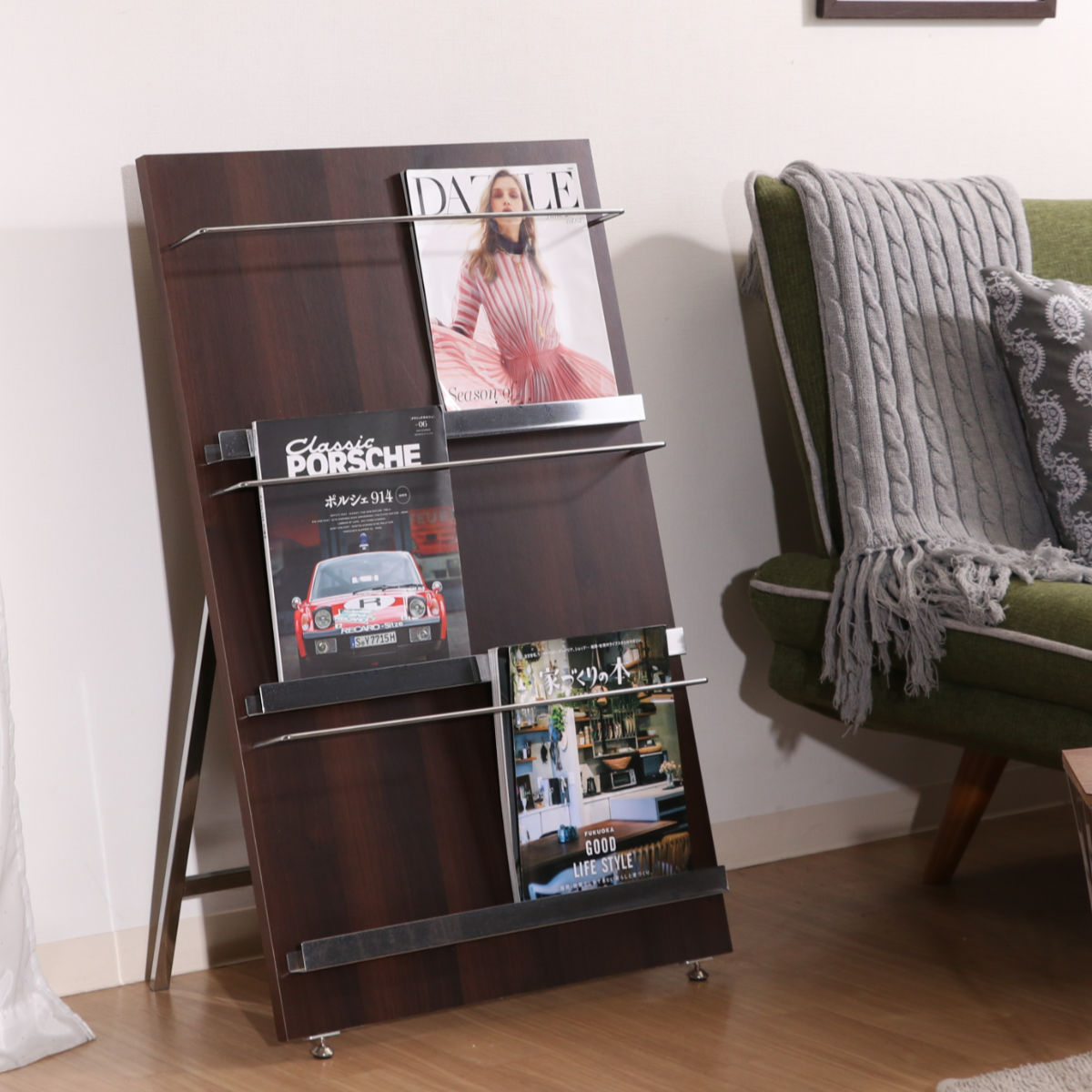 マガジンラック 幅58cm 3段 ワイド 木目調 折りたたみ式 （ ブック
